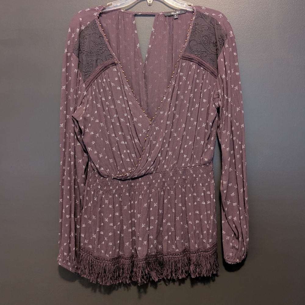Miss Me Purple Wrap Blouse with Long Sleeves and Fringe Hem Sz Medium